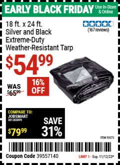 Harbor Freight Coupon 18 FT. X 24 FT. SILVER AND BLACK EXTREME-DUTY WEATHER-RESISTANT 12 MIL TARP Lot No. 59273 Expired: 11/12/23 - $54.99