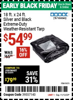 Harbor Freight Coupon 18' X 24' SILVER AND BLACK EXTREME DUTY WEATHER-RESISTANT TARP Lot No. 59273 Expired: 11/12/23 - $54.99