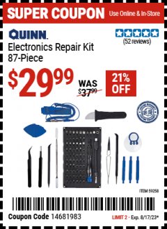 Harbor Freight Coupon QUINN ELECTRONICS REPAIR KIT, 87 PIECE Lot No. 59258 Expired: 8/17/23 - $29.99