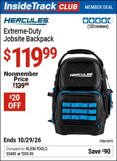 Harbor Freight ITC Coupon HERCULES EXTREME-DUTY JOBSITE BACKPACK Lot No. 58375 Valid Thru: 10/29/26 - $119.99