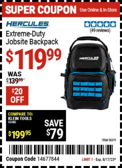 Harbor Freight Coupon EXTREME DUTY JOBSITE BACKPACK Lot No. 58375 Expired: 8/17/23 - $119.99