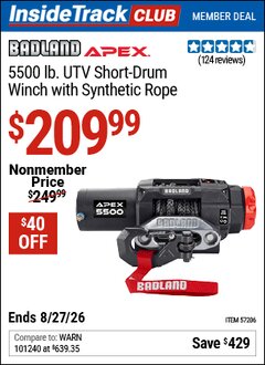 Harbor Freight ITC Coupon BADLAND APEX 5500 LB. UTV SHORT-DRUM WINCH WITH SYNTHETIC ROPE Lot No. 57206 Valid Thru: 8/27/26 - $209.99