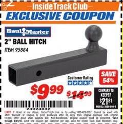Harbor Freight ITC Coupon 2" BALL HITCH Lot No. 95884 Expired: 8/31/18 - $9.99