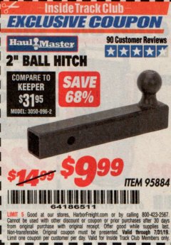 Harbor Freight ITC Coupon 2" BALL HITCH Lot No. 95884 Expired: 7/31/19 - $9.99