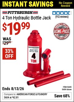 Harbor Freight Coupon PITTSBURGH 4 TON HYDRAULIC BOTTLE JACK Lot No. 56685/56684 Valid Thru: 6/13/26 - $19.99