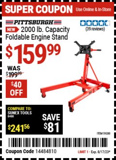 Harbor Freight Coupon 2000 LB. CAPACITY FOLDABLE ENGINE STAND Lot No. 59200 Expired: 8/17/23 - $159.99