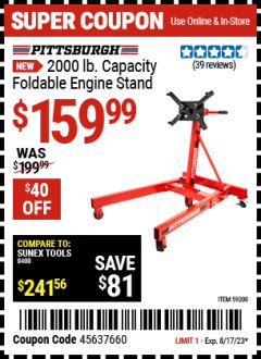 Harbor Freight Coupon 2000 LB. CAPACITY FOLDABLE ENGINE STAND Lot No. 59200 Expired: 8/17/23 - $159.99