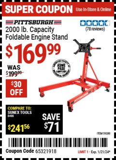 Harbor Freight Coupon 2000 LB. CAPACITY FOLDABLE ENGINE STAND Lot No. 59200 Expired: 1/21/24 - $169.99