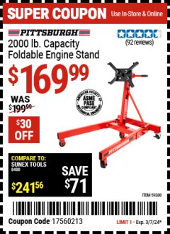 Harbor Freight Coupon PITTSBURGH 2000 LB. CAPACITY FOLDABLE ENGINE STAND Lot No. 59200 Expired: 3/7/24 - $169.99