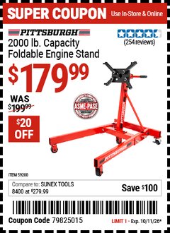 Harbor Freight Coupon PITTSBURGH 2000 LB. CAPACITY FOLDABLE ENGINE STAND Lot No. 59200 EXPIRES: 10/11/26 - $179.99
