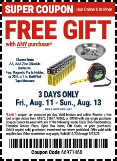Harbor Freight FREE Coupon FREE GIFT WITH ANY PURCHASE Lot No. 61675, 61677, 90566, 69030 Expired: 8/13/23 - FWP