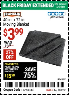 Harbor Freight Coupon FRANKLIN 40IN X 72 IN MOVING BLANKET Lot No. 58327 Expired: 12/3/23 - $3.99