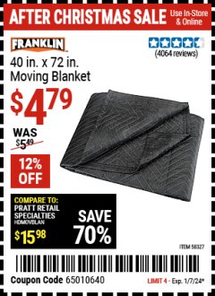 Harbor Freight Coupon FRANKLIN 40IN X 72 IN MOVING BLANKET Lot No. 58327 Expired: 1/7/24 - $4.79