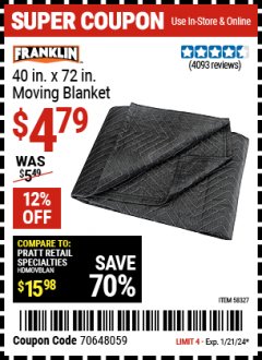 Harbor Freight Coupon FRANKLIN 40IN X 72 IN MOVING BLANKET Lot No. 58327 Expired: 1/21/24 - $4.79
