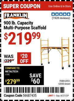 Harbor Freight Coupon FRANKLIN 900 LBS CAPACITY MULTI-PURPOSE SCAFFOLD Lot No. 63051 Expired: 8/27/23 - $219.99