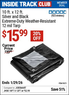 Harbor Freight ITC Coupon 10 FT. X 12 FT. SILVER AND BLACK EXTREME-DUTY WEATHER-RESISTANT 12 MIL TARP Lot No. 59271 Valid Thru: 1/29/26 - $15.99