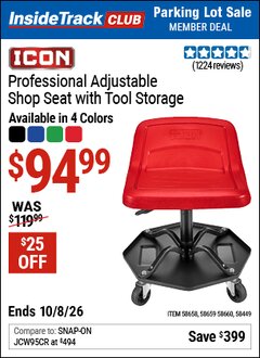 Harbor Freight ITC Coupon ICON PROFESSIONAL ADJUSTABLE SHOP SEAT WITH TOOL STORAGE Lot No. 58449/58658/58659/58660 Expired: 10/8/26 - $94.99