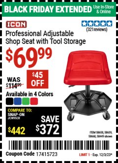 Harbor Freight Coupon ICON PROFESSIONAL ADJUSTABLE SHOP SEAT WITH TOOL STORAGE Lot No. 58449/58658/58659/58660 Expired: 12/3/23 - $69.99