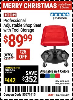 Harbor Freight Coupon ICON PROFESSIONAL ADJUSTABLE SHOP SEAT WITH TOOL STORAGE Lot No. 58449/58658/58659/58660 Expired: 12/24/23 - $89.99
