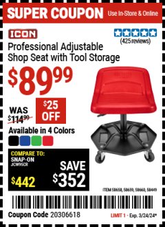 Harbor Freight Coupon ICON PROFESSIONAL ADJUSTABLE SHOP SEAT WITH TOOL STORAGE Lot No. 58449/58658/58659/58660 Expired: 3/24/24 - $89.99