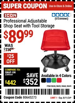 Harbor Freight Coupon ICON PROFESSIONAL ADJUSTABLE SHOP SEAT WITH TOOL STORAGE Lot No. 58449/58658/58659/58660 Expired: 8/11/24 - $89.99