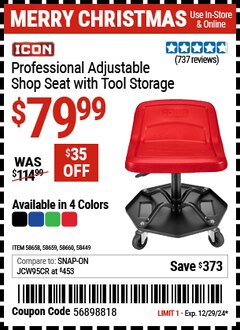 Harbor Freight Coupon ICON PROFESSIONAL ADJUSTABLE SHOP SEAT WITH TOOL STORAGE Lot No. 58449/58658/58659/58660 Expired: 12/29/24 - $79.99