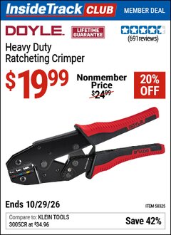 Harbor Freight ITC Coupon DOYLE HEAVY DUTY RATCHETING CRIMPER Lot No. 58325 Valid Thru: 10/29/26 - $19.99