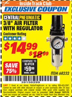 Harbor Freight ITC Coupon 3/8" AIR FILTER WITH REGULATOR Lot No. 68232 Expired: 10/31/18 - $14.99