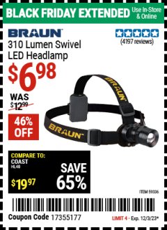 Harbor Freight Coupon BRAUN 310 LUMEN SWIVEL LED HEADLAMP Lot No. 59336 Expired: 12/3/23 - $6.98