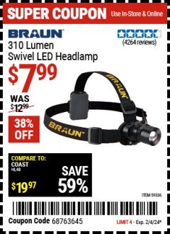 Harbor Freight Coupon BRAUN 310 LUMEN SWIVEL LED HEADLAMP Lot No. 59336 Expired: 2/4/24 - $7.99