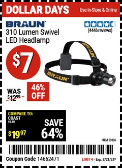 Harbor Freight Coupon BRAUN 310 LUMEN SWIVEL LED HEADLAMP Lot No. 59336 Expired: 8/21/24 - $7