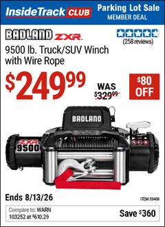 Harbor Freight ITC Coupon BADLAND ZXR 9500 LB. TRUCK/SUV WINCH WITH WIRE ROPE Lot No. 59408 Valid Thru: 8/13/26 - $249.99