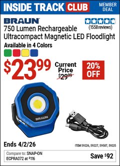 Harbor Freight ITC Coupon BRAUN 750 LUMEN RECHARGEABLE ULTRACOMPACT MAGNETIC LED FLOODLIGHT Lot No. 59225/59226/59227/59587 Valid Thru: 4/2/26 - $23.99