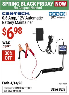 Harbor Freight Coupon CEN-TECH 0.5 AMP, 12V AUTOMATIC BATTERY MAINTAINER Lot No. 59000 Expired: 4/12/26 - $6.98