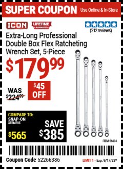 Harbor Freight Coupon ICON EXTRA-LONG PROFESSIONAL DOUBLE BOX FLEX RATCHETING WRENCH SET, 5 PIECE Lot No. 56694 Expired: 9/17/23 - $179.99