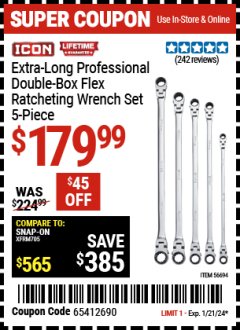 Harbor Freight Coupon ICON EXTRA-LONG PROFESSIONAL DOUBLE BOX FLEX RATCHETING WRENCH SET, 5 PIECE Lot No. 56694 Expired: 1/21/24 - $179.99