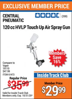 Harbor Freight ITC Coupon 120 CC HIGH VOLUME LOW PRESSURE TOUCH UP SPRAY GUN Lot No. 61473/46719 Expired: 10/31/20 - $29.99