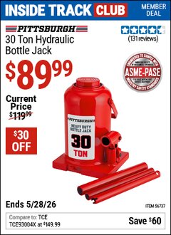 Harbor Freight Coupon PITTSBURGH 30 TON HYDRAULIC BOTTLE JACK Lot No. 56737 Valid: 12/31/69 - 5/28/26 - $89.99