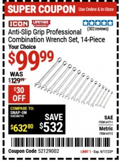 Harbor Freight Coupon ICON ANTI-SLIP GRIP PROFESSIONAL COMBINATION WRENCH SET, 14 PIECE Lot No. 64711, 64712 Expired: 9/17/23 - $99.99