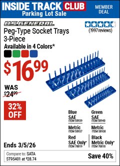 Harbor Freight ITC Coupon U.S. GENERAL PEG-TYPE SOCKET TRAY, 3-PIECE Lot No. 58937/58938/58939/58940/70018/70019 Expired: 3/5/26 - $16.99