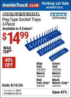 Harbor Freight ITC Coupon U.S. GENERAL PEG-TYPE SOCKET TRAY, 3-PIECE Lot No. 58937/58938/58939/58940/70018/70019 Valid Thru: 8/13/26 - $14.99