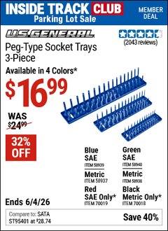 Harbor Freight ITC Coupon U.S. GENERAL PEG-TYPE SOCKET TRAY, 3-PIECE Lot No. 58937/58938/58939/58940/70018/70019 Expired: 6/4/26 - $16.99