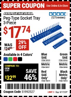 Harbor Freight Coupon U.S. GENERAL PEG-TYPE SOCKET TRAY, 3-PIECE Lot No. 58937/58938/58939/58940/70018/70019 Expired: 9/17/23 - $17.74