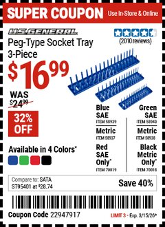 Harbor Freight Coupon U.S. GENERAL PEG-TYPE METRIC SOCKET TRAY, 3-PIECE, BLUE Lot No. 58937/58938/58939/58940/70018/70019 Valid Thru: 3/15/26 - $16.99