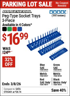 Harbor Freight Coupon U.S. GENERAL PEG-TYPE SOCKET TRAY, 3-PIECE Lot No. 58937/58938/58939/58940/70018/70019 Expired: 3/8/26 - $16.99