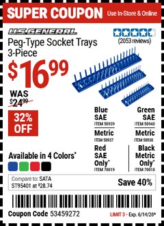 Harbor Freight Coupon U.S. GENERAL PEG-TYPE SOCKET TRAY, 3-PIECE, BLUE Lot No. 58937/58938/58939/58940/70018/70019 Valid Thru: 6/14/26 - $16.99