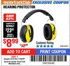 Harbor Freight ITC Coupon HEARING PROTECTOR Lot No. 64675 Expired: 1/28/20 - $8.99