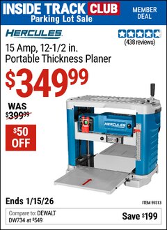 Harbor Freight ITC Coupon HERCULES 15 AMP, 12-1/2 IN. PORTABLE THICKNESS PLANER Lot No. 59313 Expired: 1/15/26 - $349.99