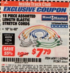 Harbor Freight ITC Coupon HAUL-MASTER ASSORTED LENGTH ELASTIC STRETCH CORDS, 18-PIECE Lot No. 60811 Expired: 7/31/19 - $7.79