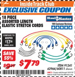 Harbor Freight ITC Coupon HAUL-MASTER ASSORTED LENGTH ELASTIC STRETCH CORDS, 18-PIECE Lot No. 60811 Expired: 10/31/19 - $7.79